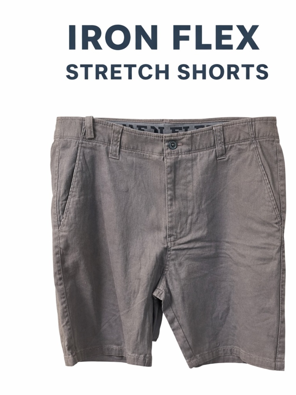 Men’s Iron Flex Chino Shorts 34 Gray Stretch Casual Summer Golf Workwear